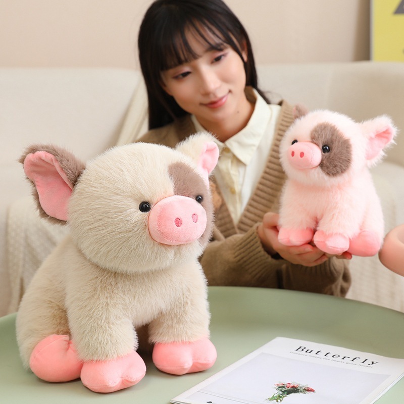 Cute mini pig plush toy displayed in a cozy home setting, showing size and soft plush texture