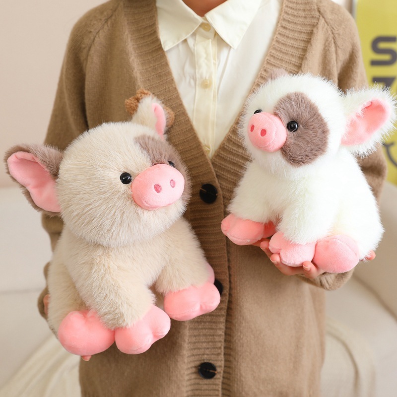 Cute mini pig plush toy in two color variations, soft plush fabric with pink details, cozy home decor and gift display