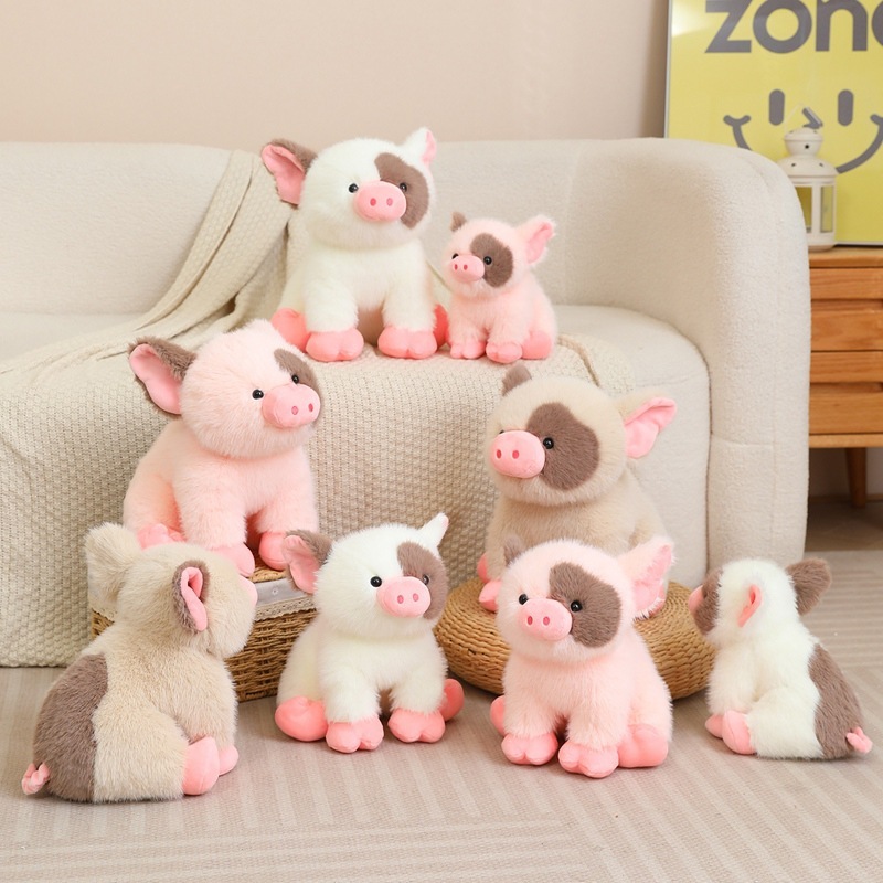 Mini pig plush toys arranged on sofa and floor, soft plush fabric with pastel colors, cozy and cute home decor styling, perfect for plush collectors, gifts, and creating a relaxing playful atmosphere