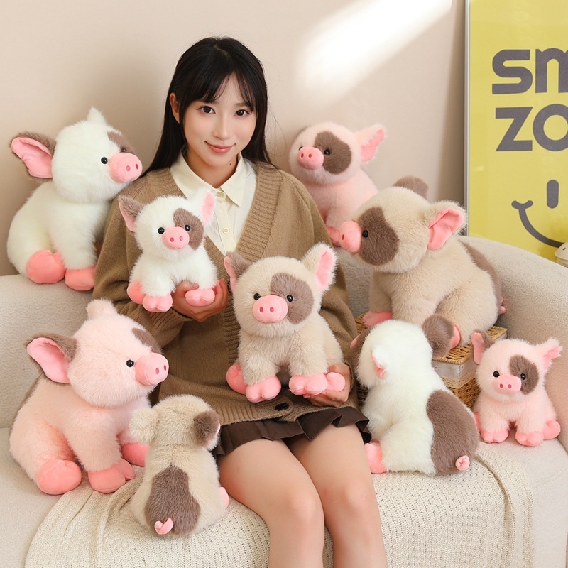 Cute mini pig plush toys displayed together in multiple sizes and colors, soft fluffy texture, cozy home decor scene, ideal for collecting, gifting, and adding a warm playful atmosphere to living spaces