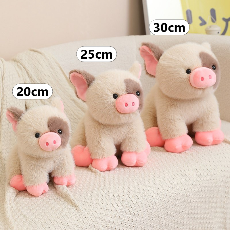 Cute mini pig plush toys in 20cm 25cm and 30cm size comparison displayed on a sofa showing different sizes for hugging decorating and gifting