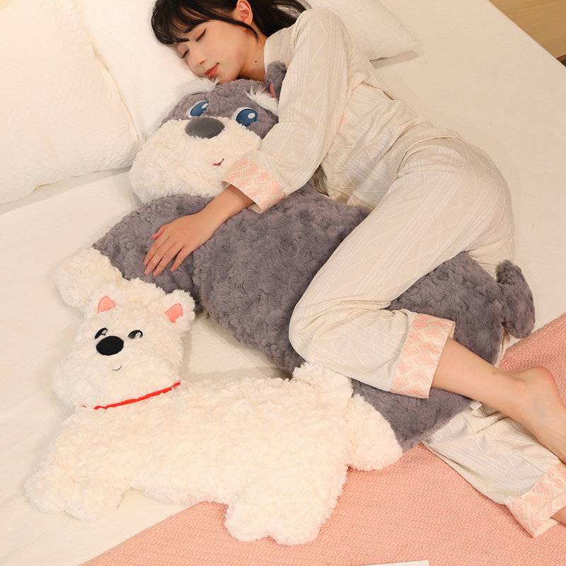 Fluffy dog plush pillow placed on bed, soft body pillow for hugging and comfortable sleep support