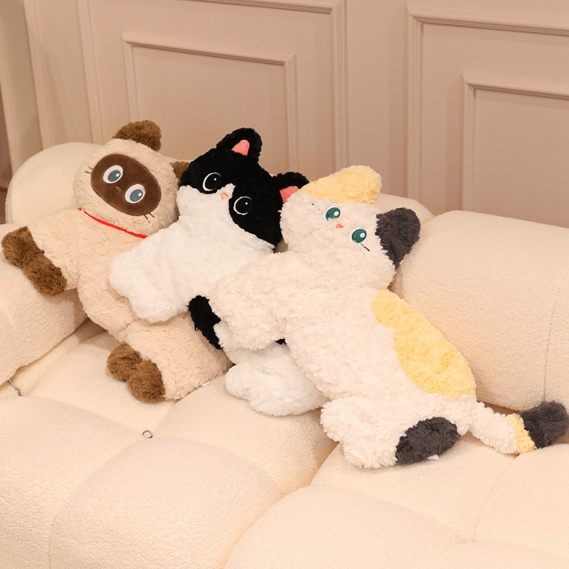 Fluffy dog and cat plush pillows arranged together on sofa, featuring soft animal designs for home decor, lounging, and relaxing comfort