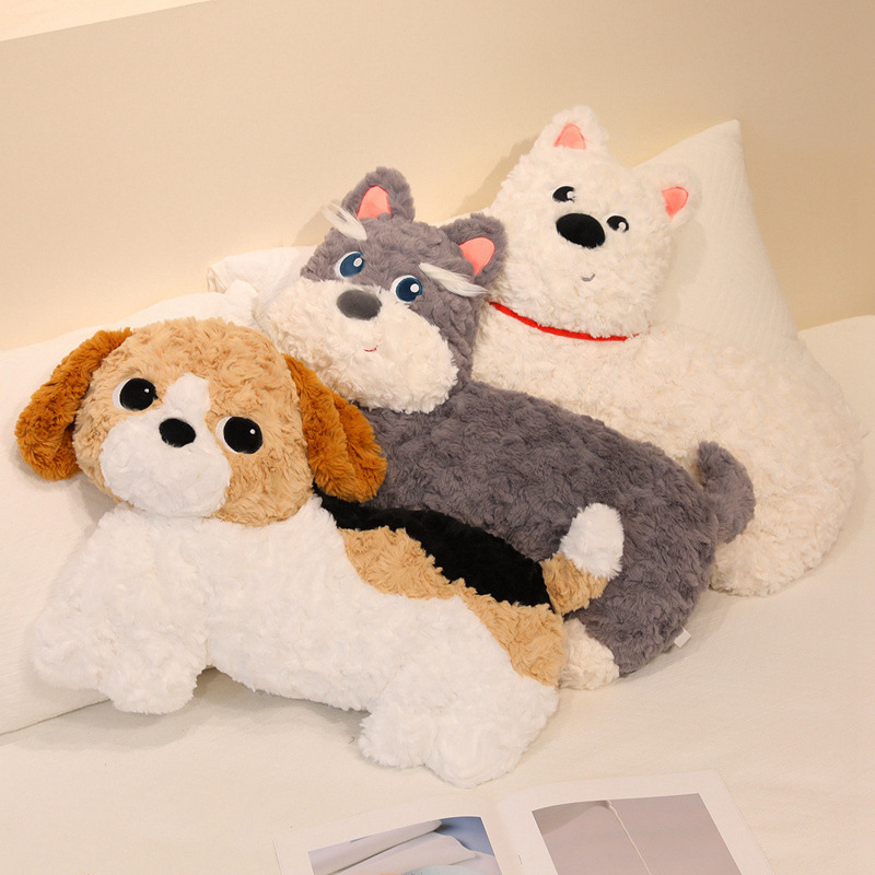 Fluffy dog plush pillows arranged on bed, soft hugging body pillows for sleeping and cozy home comfort
