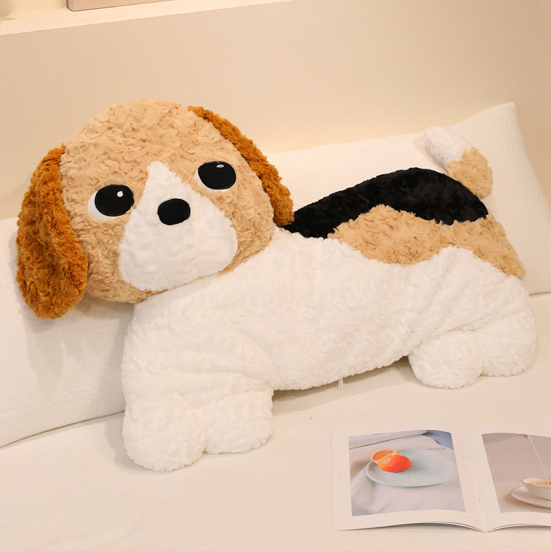 Beagle dog plush pillow with fluffy texture placed on bed for hugging and everyday comfort