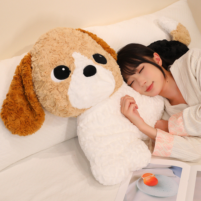 Fluffy dog plush pillow displayed on a sofa with a warm indoor setting, showcasing its soft body and adorable design, perfect for cuddling, relaxation, and cozy home decor