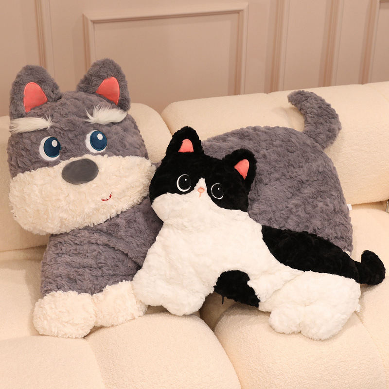 Fluffy dog and cat plush pillows resting on sofa, soft animal hugging pillows for relaxing and cozy home decor