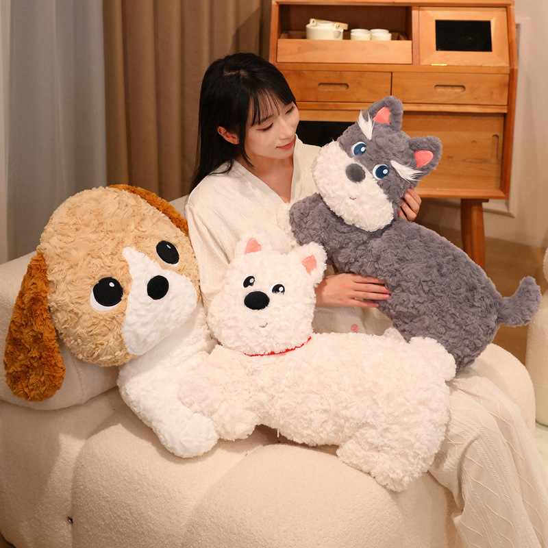 Fluffy dog plush pillow placed on sofa, soft hugging body pillow for relaxing and cozy home comfort