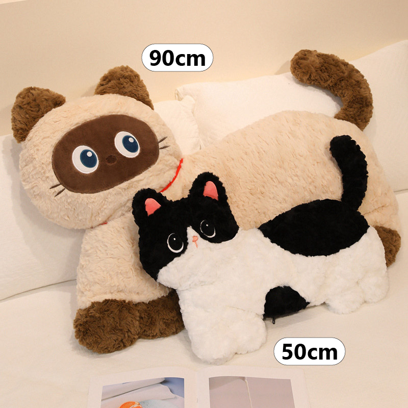 Fluffy dog and cat plush pillows in 90cm and 50cm sizes on bed, showing soft texture and length difference for hugging, sleeping, and everyday comfort
