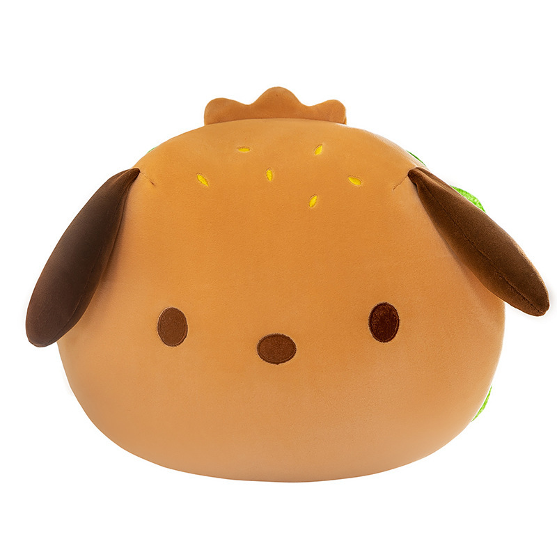 Burger dog plush pillow with cute dog face and hamburger design on white background