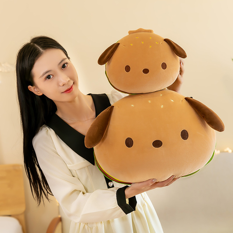 Burger dog plush pillow stacked in different sizes, showing soft rounded shape for hugging and cozy home use