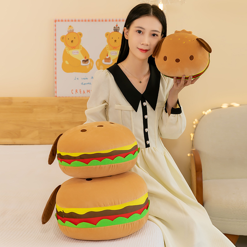 Burger dog plush pillows in different sizes displayed in a cozy living space, suitable for sofa decoration, lounging, and everyday comfort