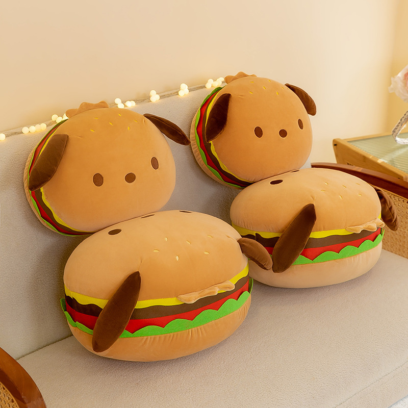 Burger dog plush pillows on a sofa, burger-shaped dog cushions for hugging and home decor, cozy and playful living room setting