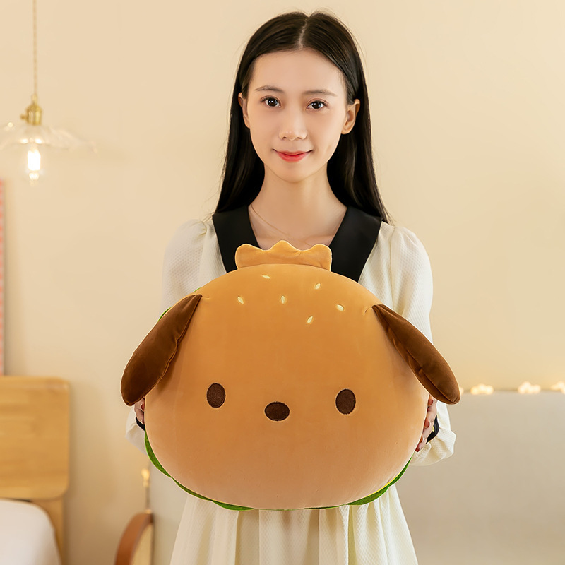 Burger dog plush pillow full shape display, soft plush cushion with burger design, ideal for cozy home decor