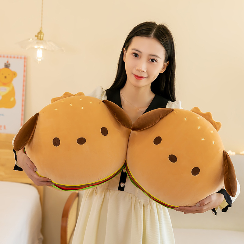 Burger dog plush pillows displayed side by side in a cozy indoor setting, ideal as soft cushions for home decor