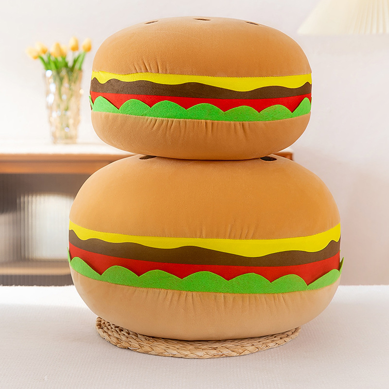 Burger dog plush pillow with layered burger design used as a decorative cushion for bed sofa or cozy corners