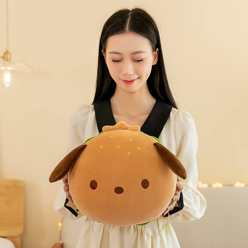 Burger dog plush pillow front view, soft and squishy plush cushion for hugging, cute design for sofa or bed