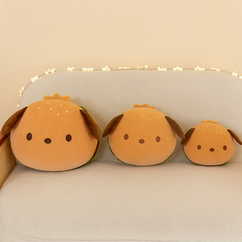 Burger dog plush pillows in different sizes on a sofa, soft plush cushions for comfort, relaxation and cute home decor