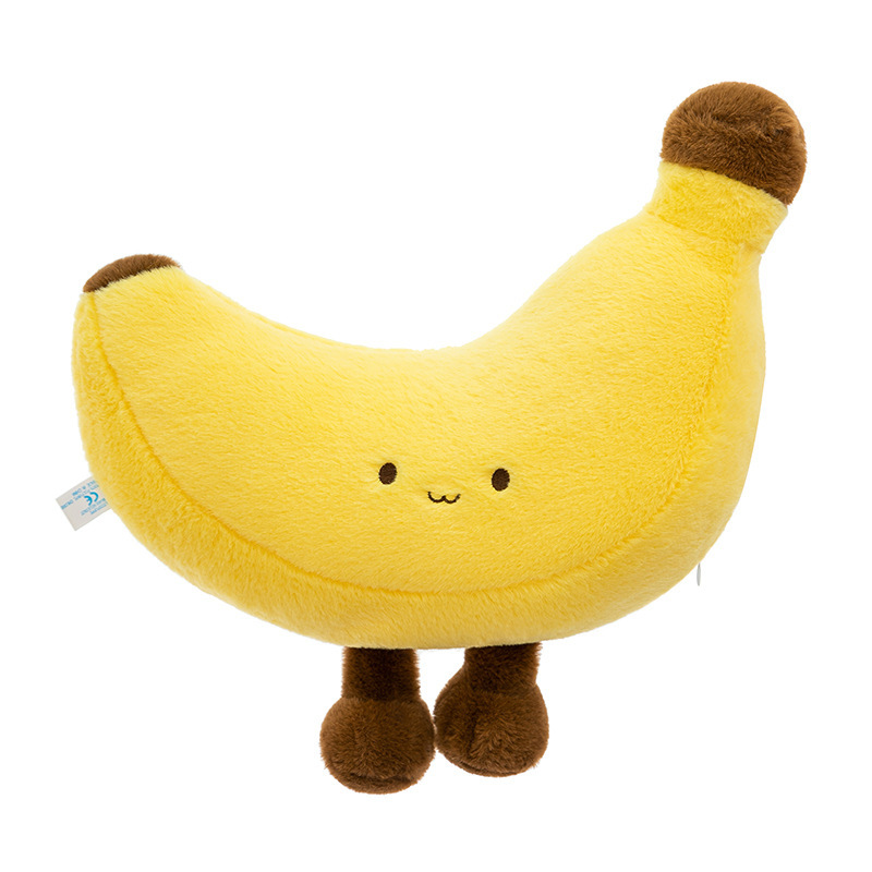 Banana plush toy with legs on white background