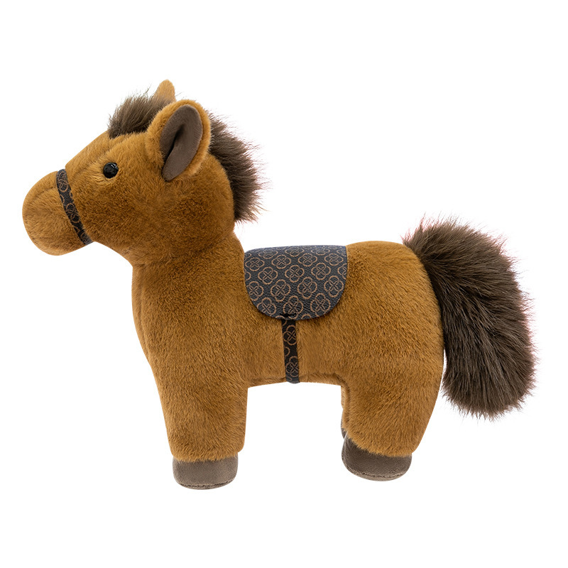 Realistic pony plush toy with saddle, soft stuffed horse plush in brown color