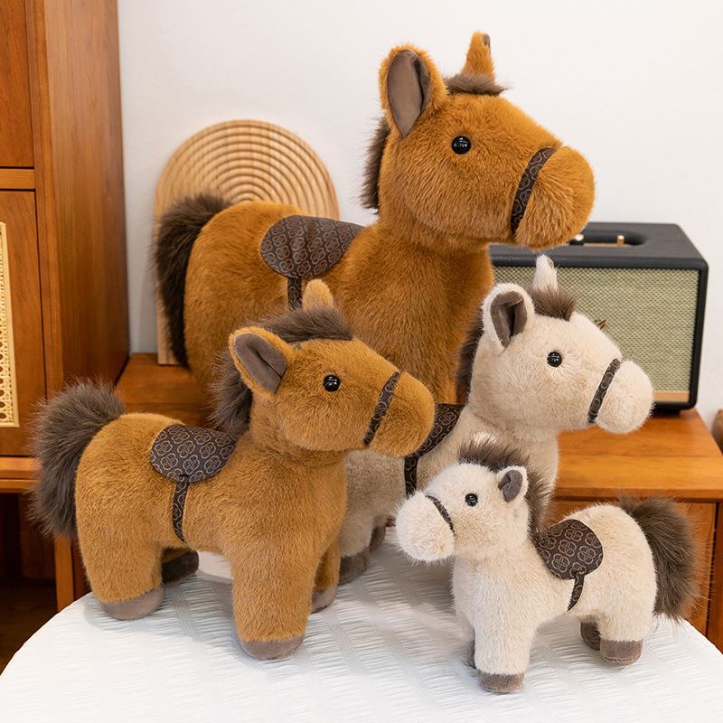 Realistic pony plush toys with saddle in multiple sizes, soft stuffed horse toys for home decor and gifts