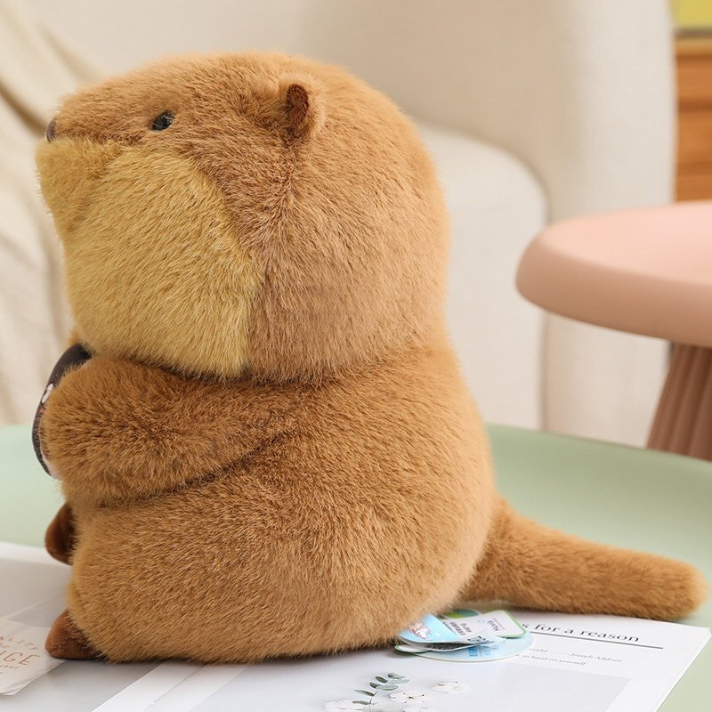 Cute marmot plush toy side view with rounded body and fluffy tail, soft plush texture, cozy sitting pose for home decor and collection