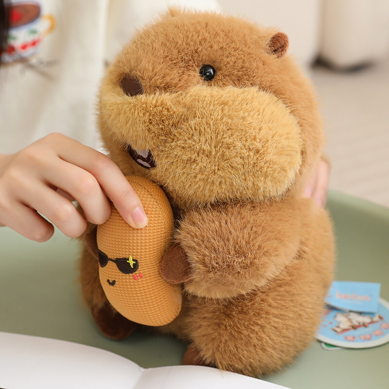 Cute marmot plush toy holding a peanut, soft fluffy texture, playful design for cozy home decor and comforting display