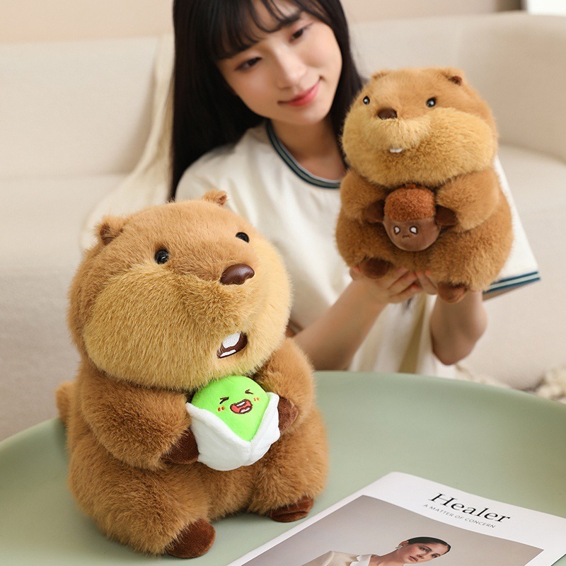 Cute marmot plush toys holding snack designs, displayed on table for cozy home decor and relaxing moments