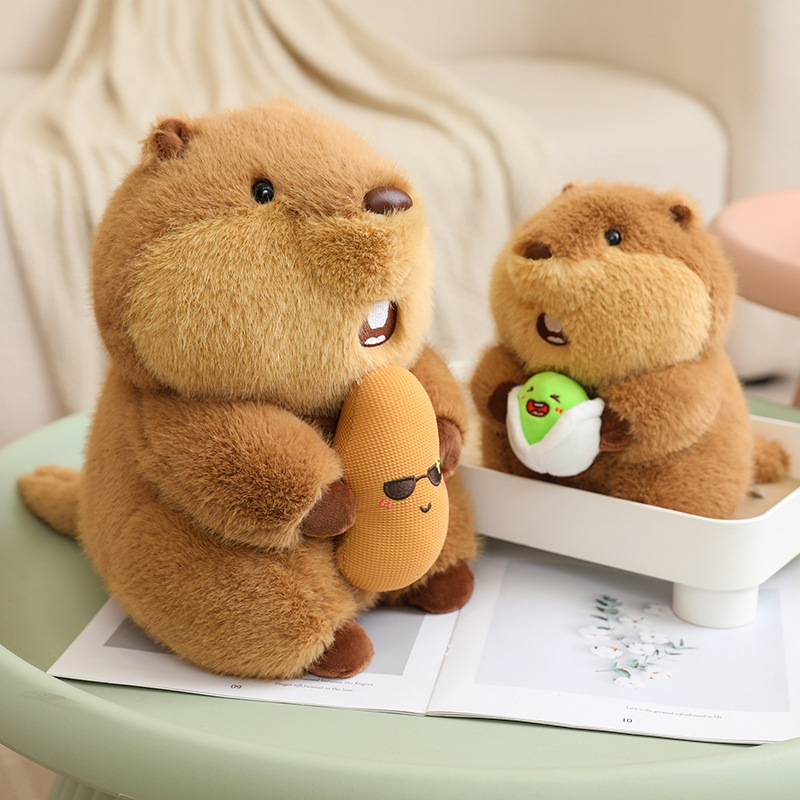 Cute marmot plush toys holding peanut and pistachio snacks on table