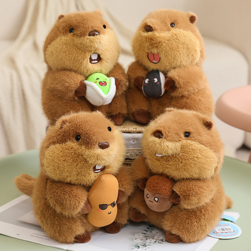 Cute marmot plush toys holding different snack designs close up