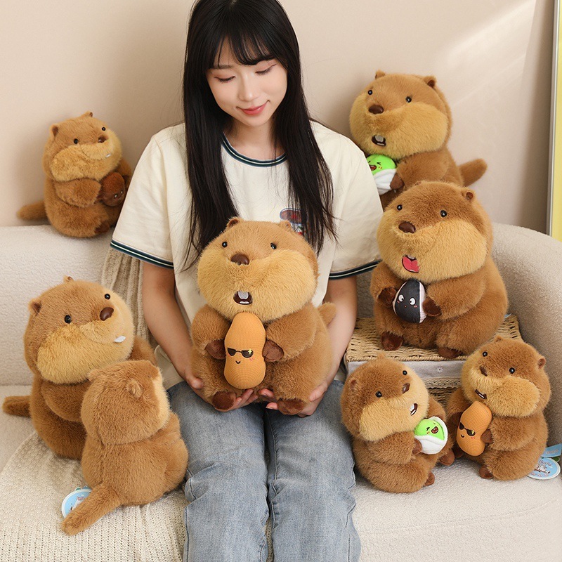 Cute marmot plush toy collection in different sizes and nut designs, soft fluffy texture, arranged for cozy home decor and gifting inspiration