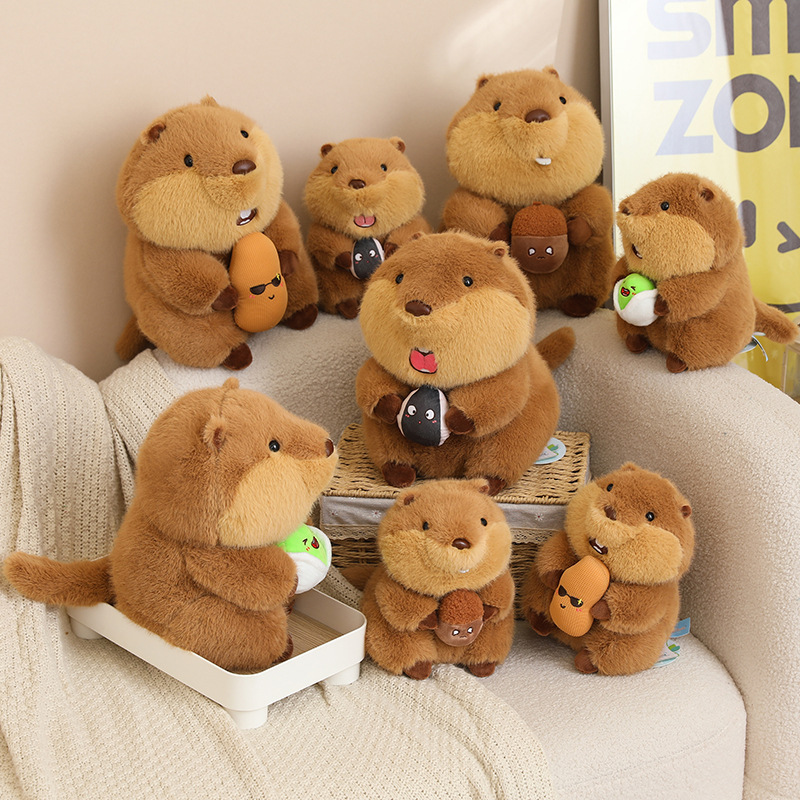 Cute marmot plush toy collection with snack designs displayed on sofa