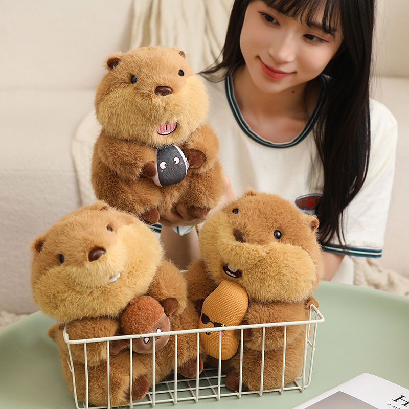 Cute marmot plush toys displayed in a small basket on a table, soft fluffy texture with nut designs, creating a cozy and playful home decor scene