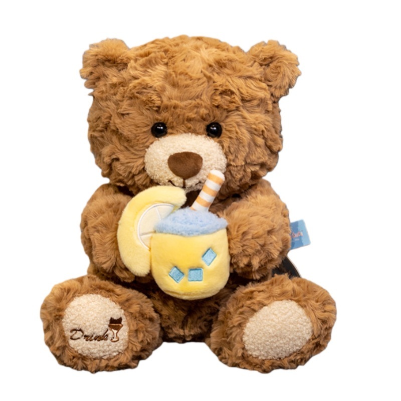 Lemon milk tea bear plush toy on white background