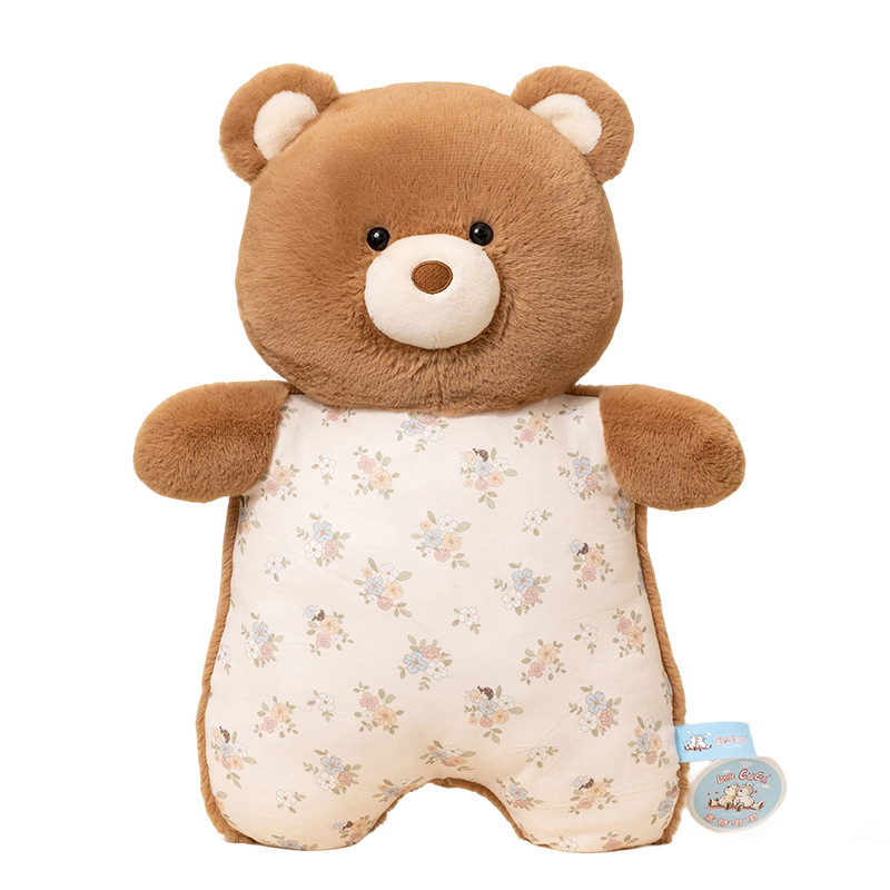 Brown bear pajama animal plush pillow with floral pattern, soft stuffed pillow for hugging, sleeping, and cozy home decor