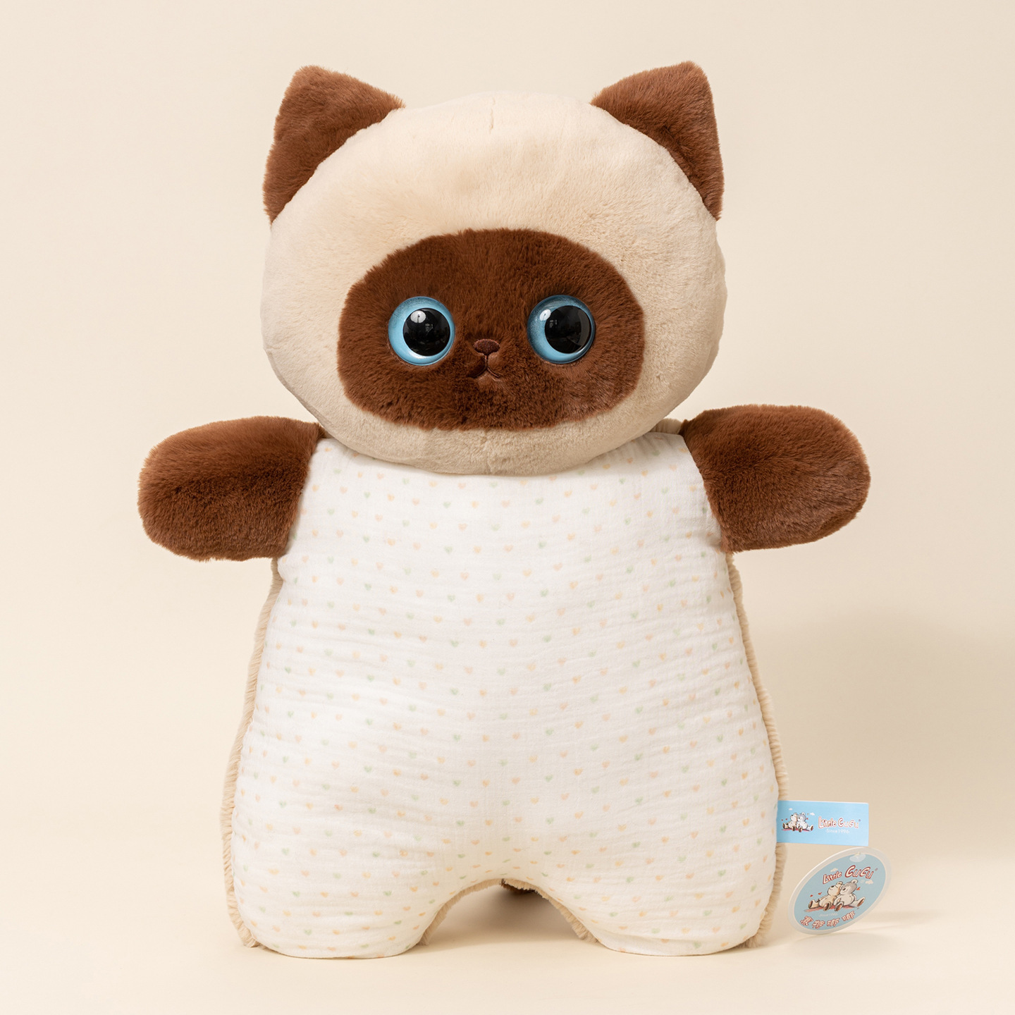 Siamese cat pajama animal plush pillow with soft plush fur, large expressive eyes, and a simple patterned fabric body for cozy cuddles