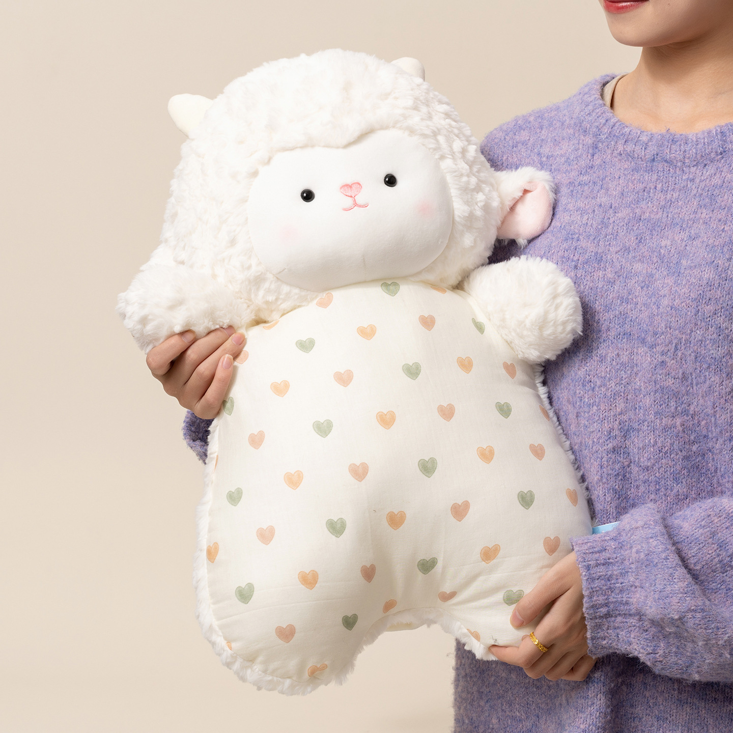 Lamb pajama animal plush pillow with soft fluffy texture, pastel heart pattern fabric, designed for hugging, relaxing, and cozy sleep comfort