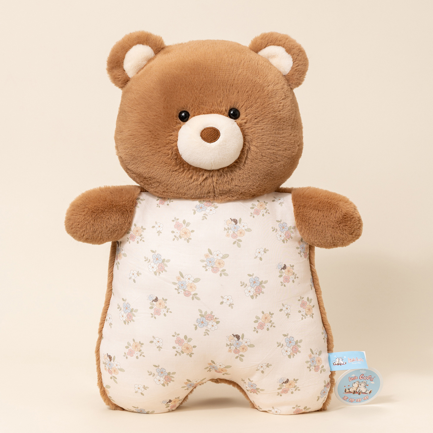 Brown bear pajama animal plush pillow with floral-patterned fabric body and soft plush arms, designed for comfortable hugging and bed decoration