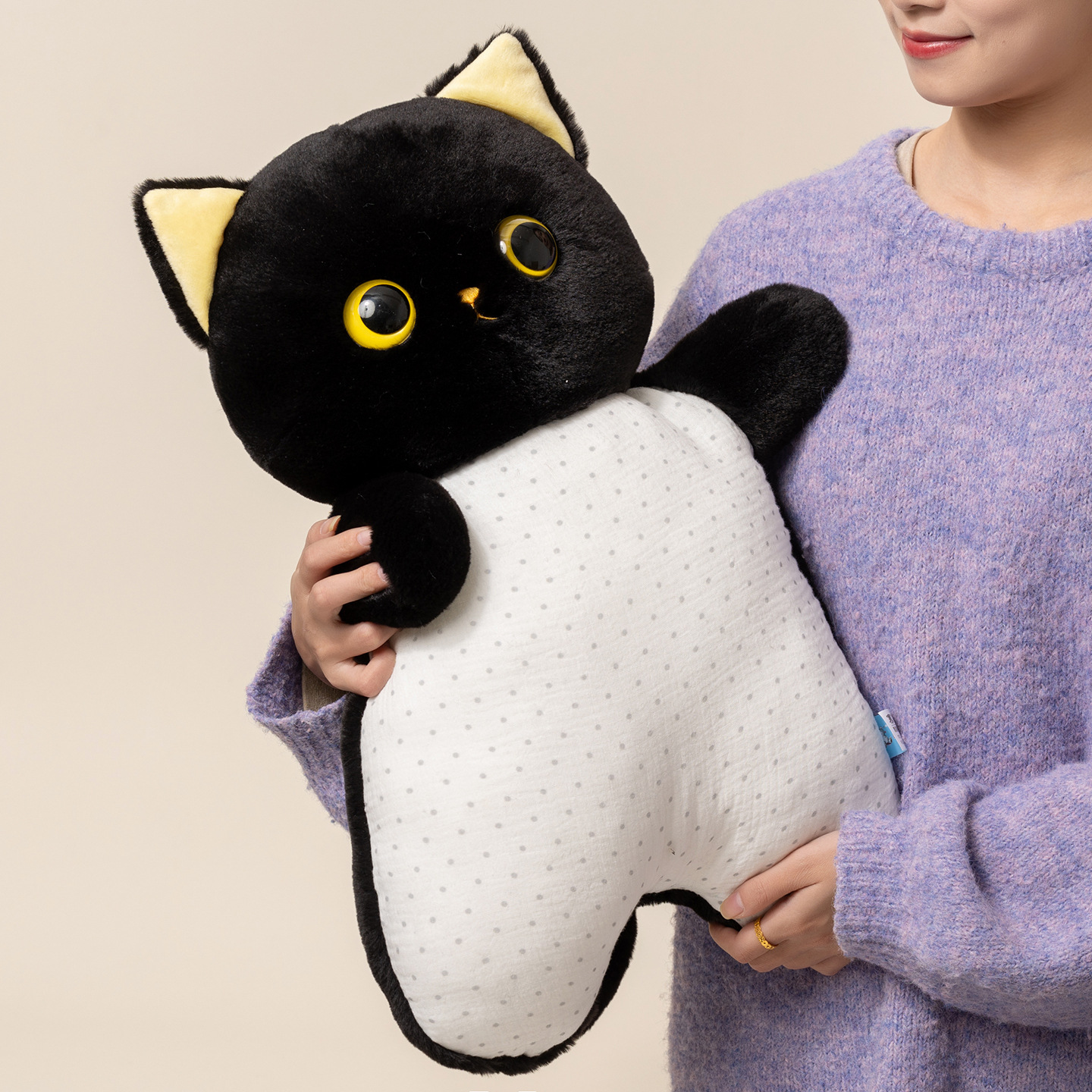 Black cat pajama animal plush pillow with soft plush body and gentle polka dot fabric, designed for hugging, relaxing, and cozy home comfort