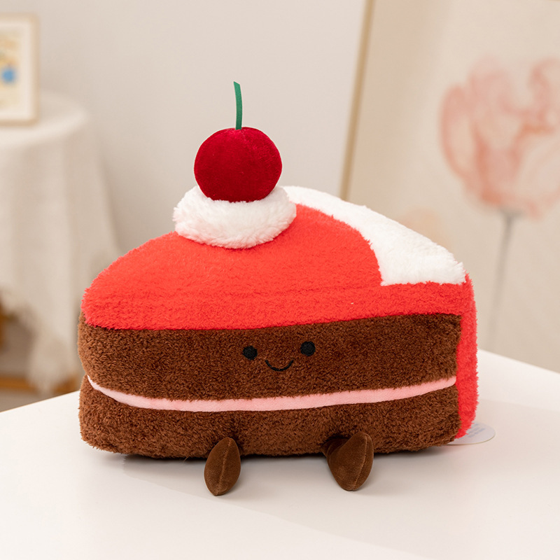 Triangle mousse dessert cake plush toy with layered red and brown slice design, soft plush fabric and smiling face for cozy decor or cuddling
