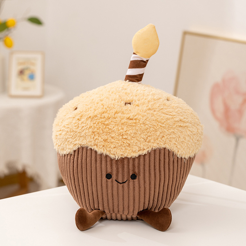 Muffin dessert cake plush toy with textured brown fabric and fluffy top, featuring a cute smiling face, ideal for sofa, bed or cozy corner decoration