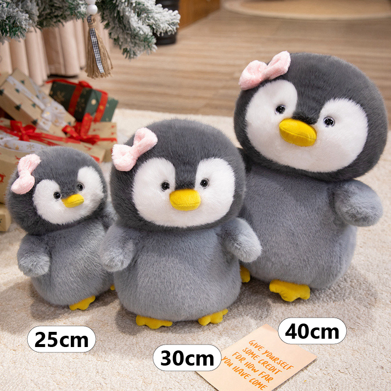 Bow penguin plush toy size comparison showing 25cm 30cm and 40cm