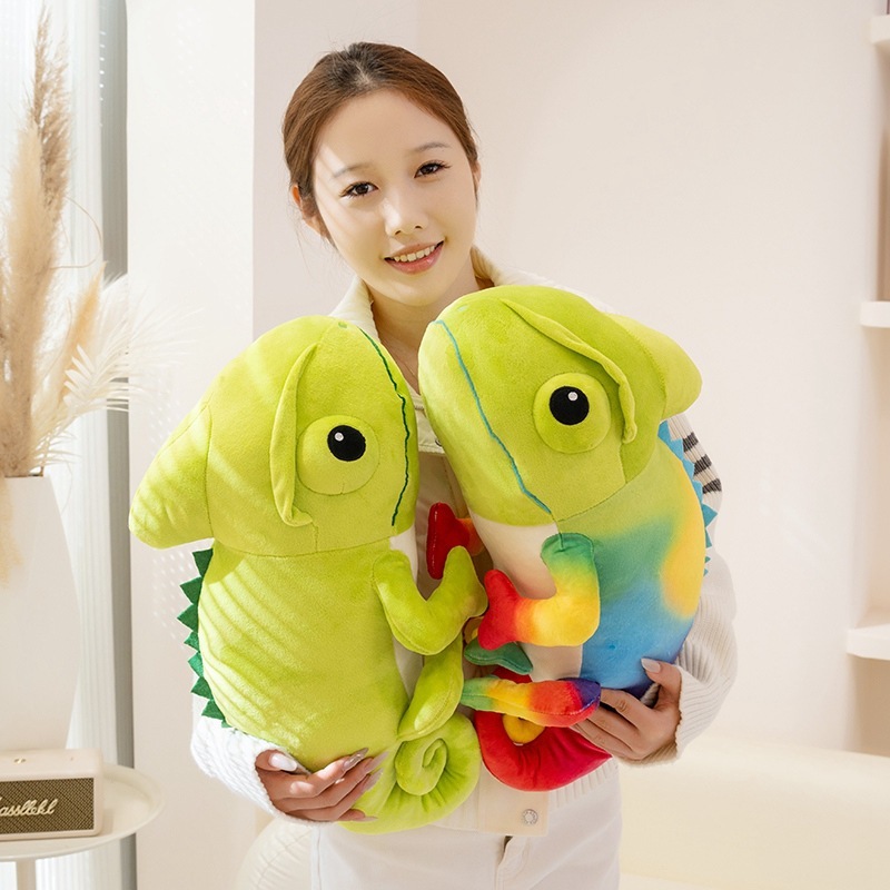Colorful chameleon plush toys held together for color comparison, highlighting soft texture and playful design