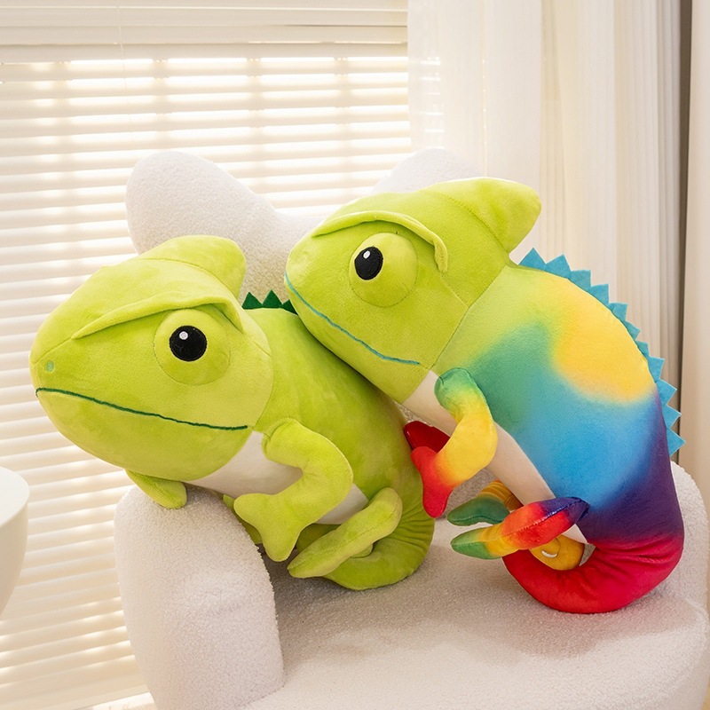 Colorful chameleon plush toys placed side by side on a chair, highlighting color contrast, cozy feel, and decorative use