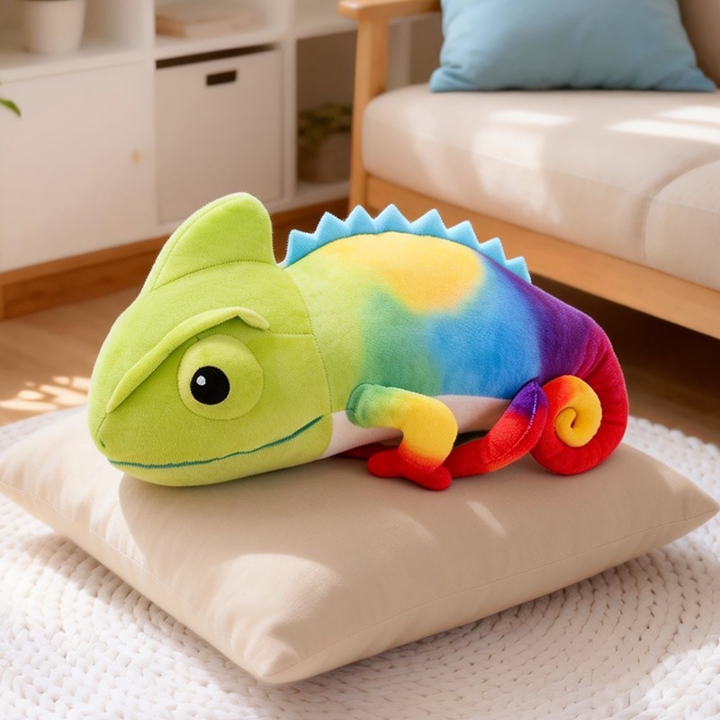 Colorful chameleon plush toy placed on a cushion, highlighting its rainbow gradient design, soft plush fabric, and cozy decorative feel for sofas or relaxation corners