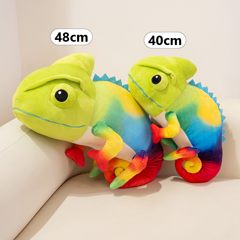 Colorful chameleon plush toy size comparison showing 48cm and 40cm options, soft long body design ideal for hugging, relaxing, and sofa decor