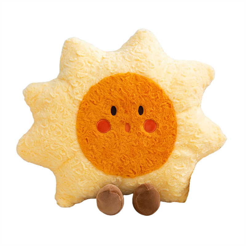Healing sun plush pillow with soft fluffy fabric and cute facial details, designed as a decorative cushion for sofas, beds, and cozy home spaces