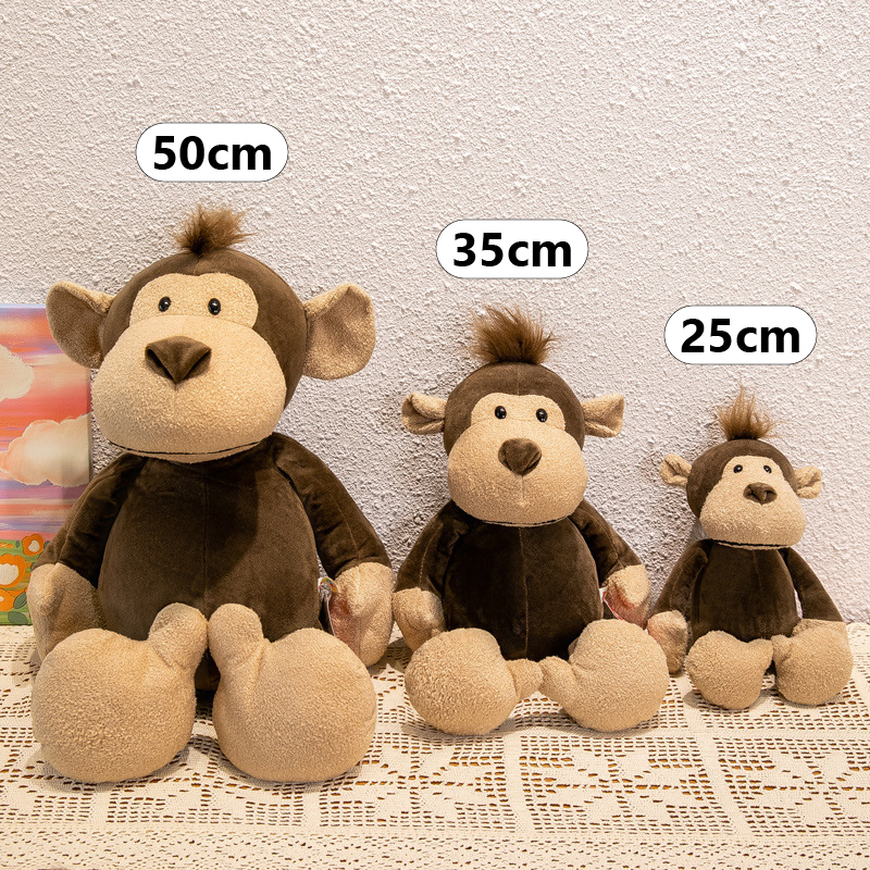 Jungle monkey plush toy size comparison showing 25cm, 35cm and 50cm soft stuffed animals for hugging and home decor