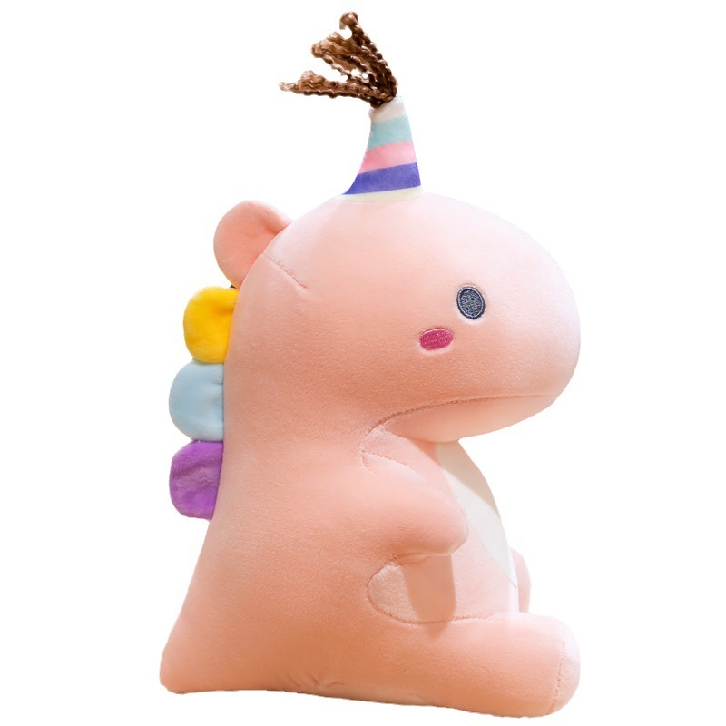 Pink candy dinosaur plush toy with soft plush fabric and colorful back details, designed for hugging, relaxing, or decorating sofas and beds