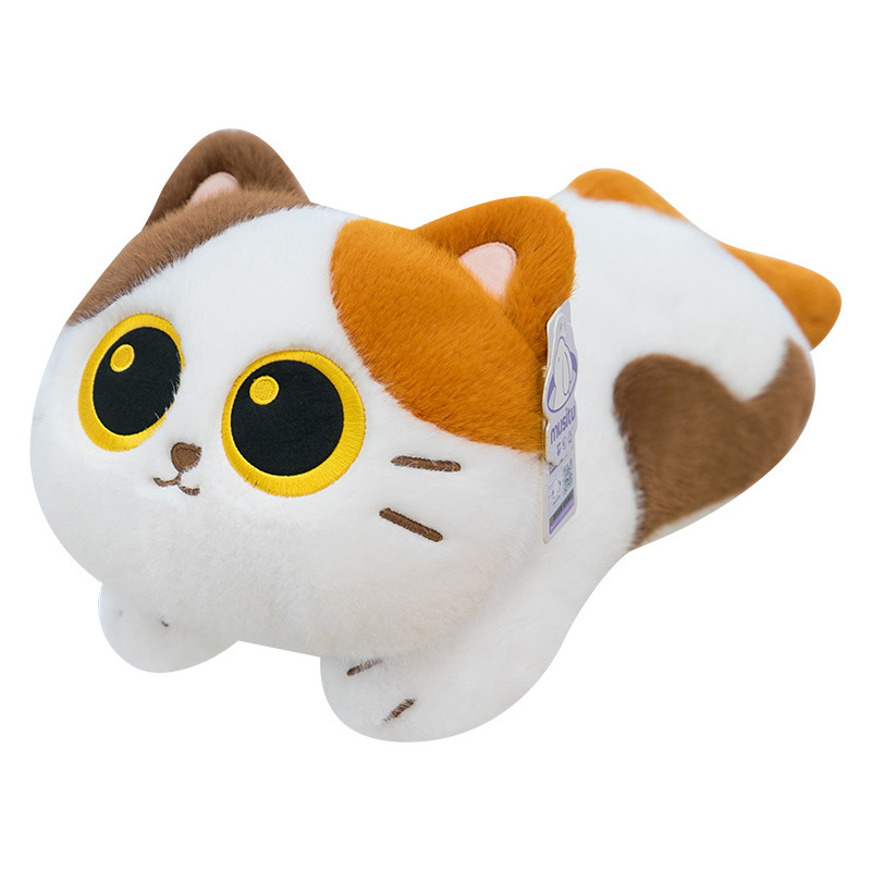 Soft lying cat plush toy with a floppy body, smooth plush fabric, and rounded shape, designed for hugging, relaxing, and decorating sofas or beds